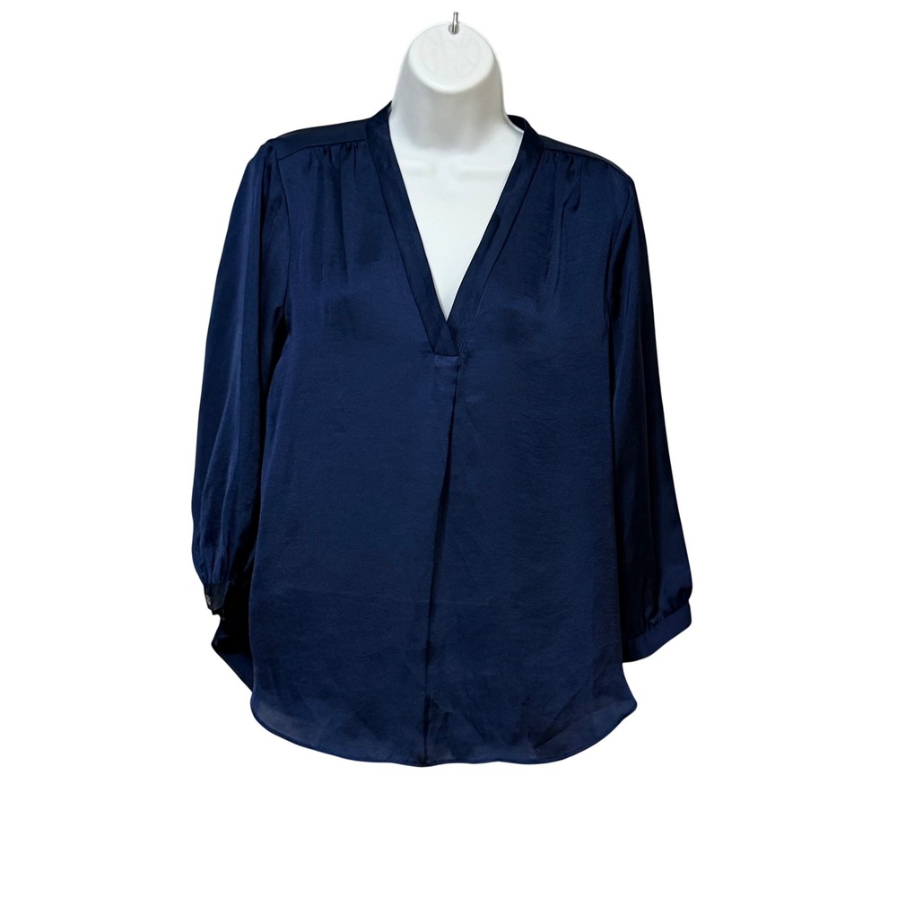 Vince Camuto Navy Blue Satin V-Neck Long Sleeve Blouse Small NEW